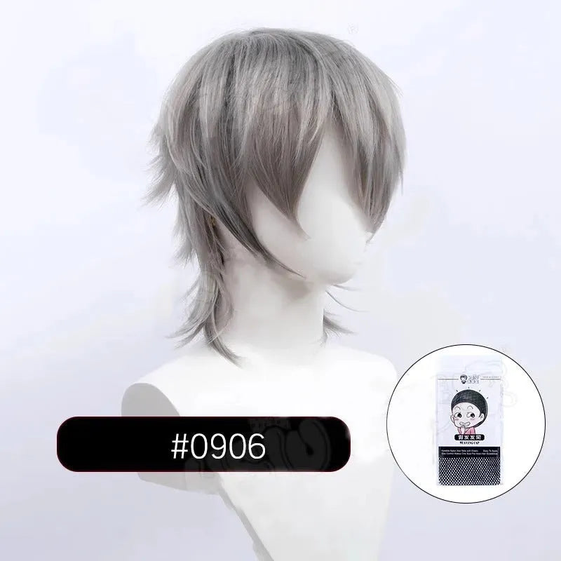 A short hairstyle Anime cosplay wig for men on a stand, shown in a vibrant colour.
