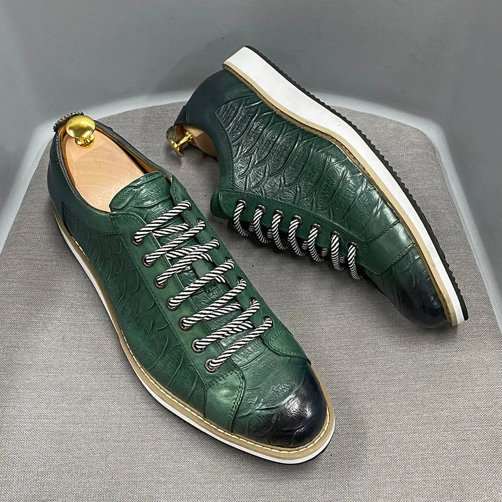 Men's pattern embossed handmade shoes in low tube height with front tie design in four colour options