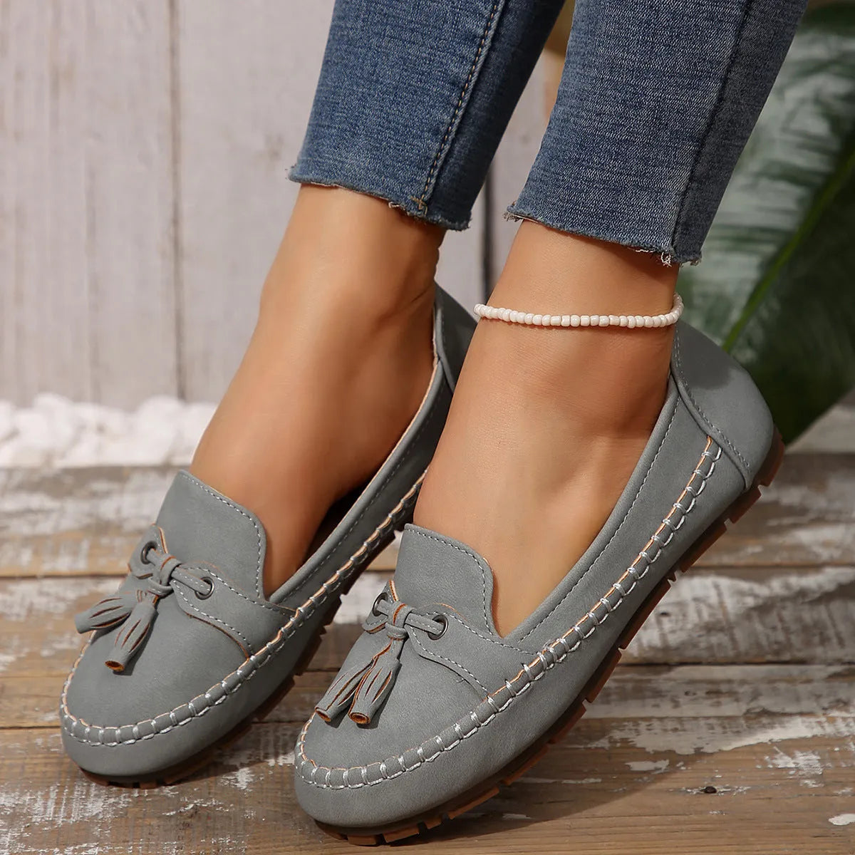 Women's round head loafers non-slip flats low heel artificial PU TPR sole available in multiple colours
