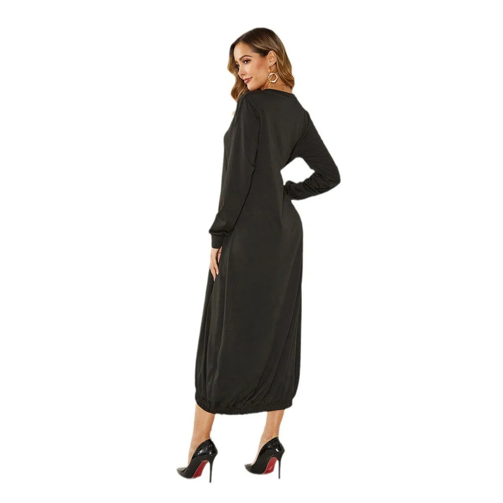 Black loose lantern dress with lace-up crew neck and long sleeves