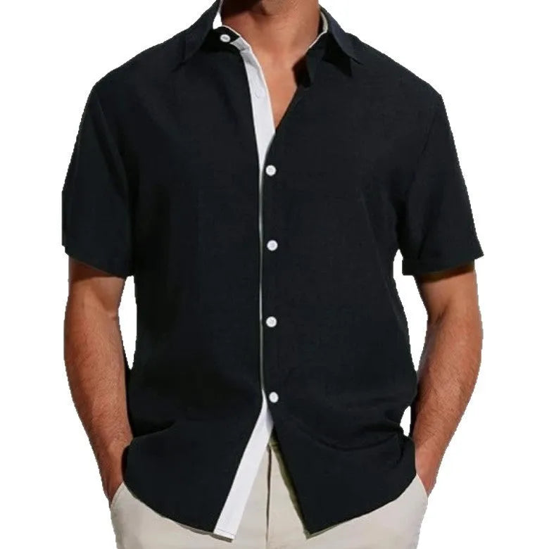 Men's short-sleeved floral shirt in polyester fabric showing regular fit and cardigan styling