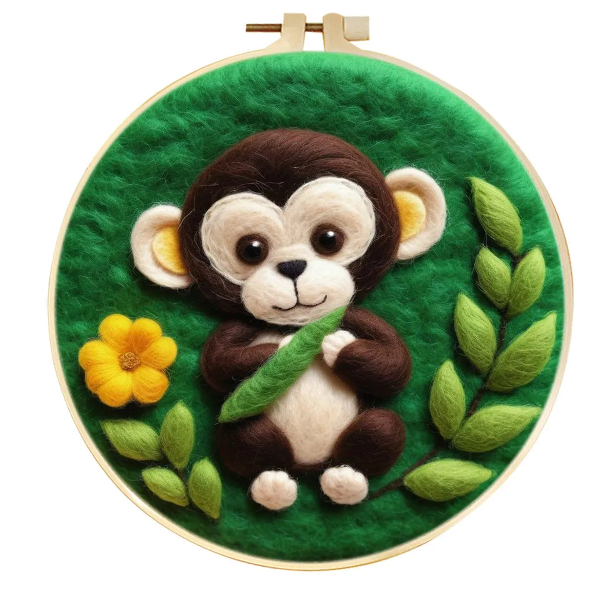 Round 20x20 cm linen embroidery kit with wool felt pieces for floral design and included embroidery frame.