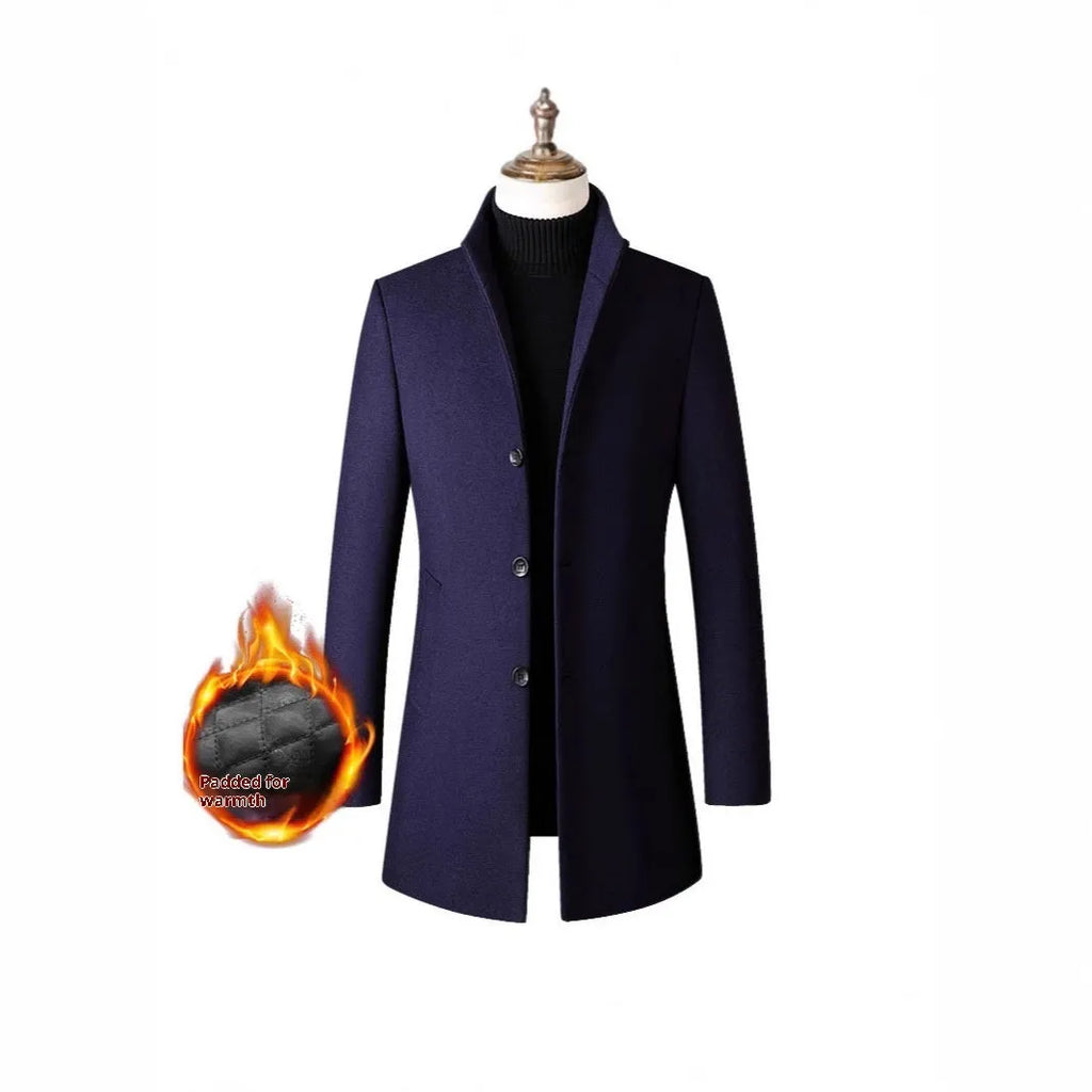 Men's single-breasted stand collar wool winter coat in solid colour front view