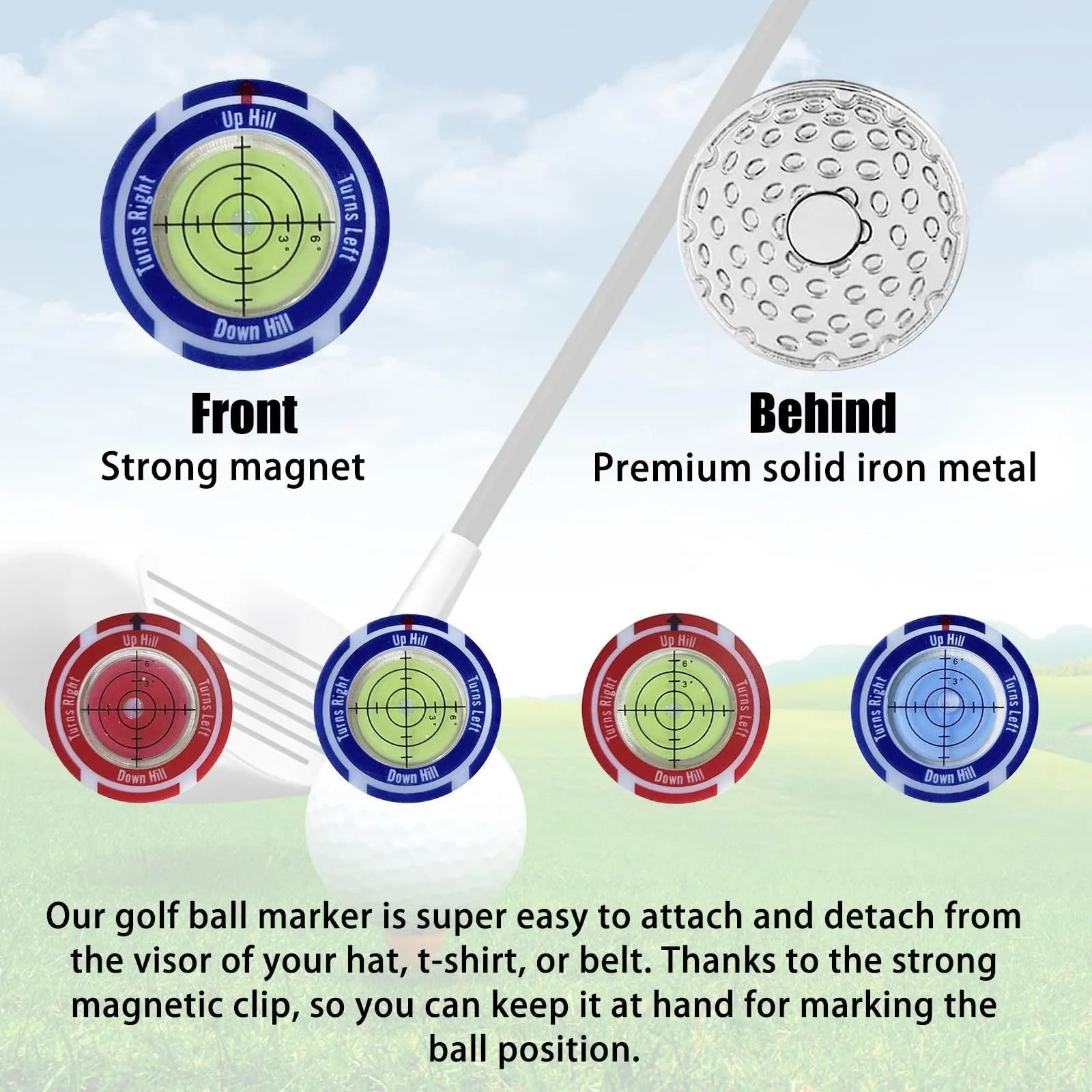 Golf level hat clip with bubble vial and position mark, shown in multiple colour variations.