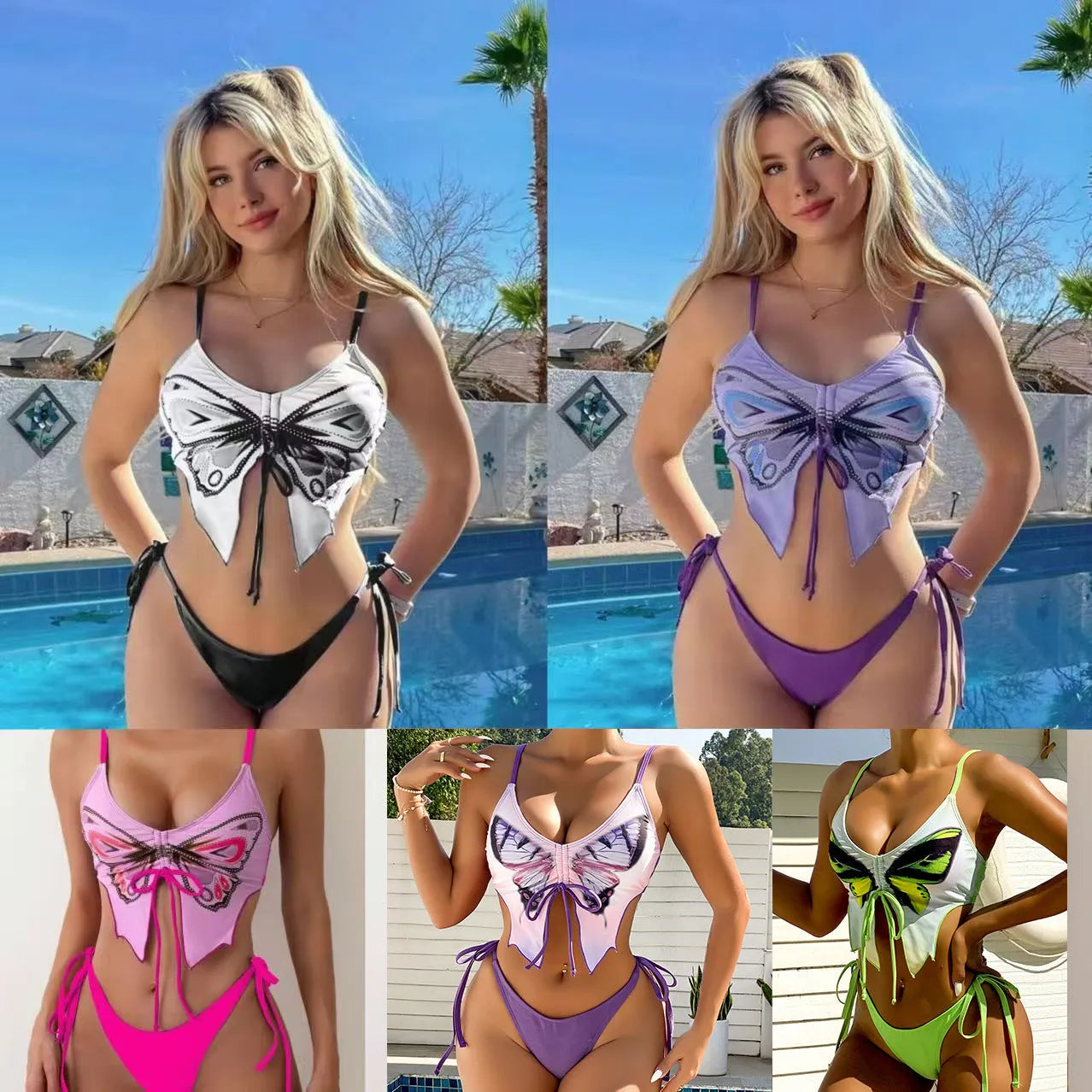 Women's purple bow ins style split bikini set with sleeveless top and briefs for swimming.