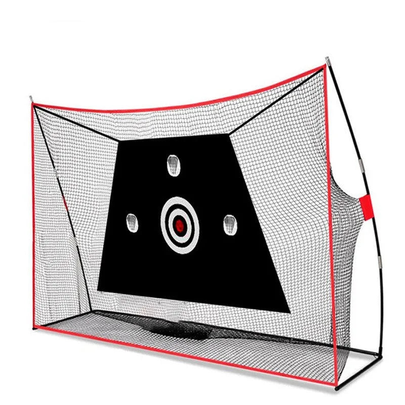 Golf swing wedge training net with 3-hole cross design and straw practice mat with practice balls and accessories