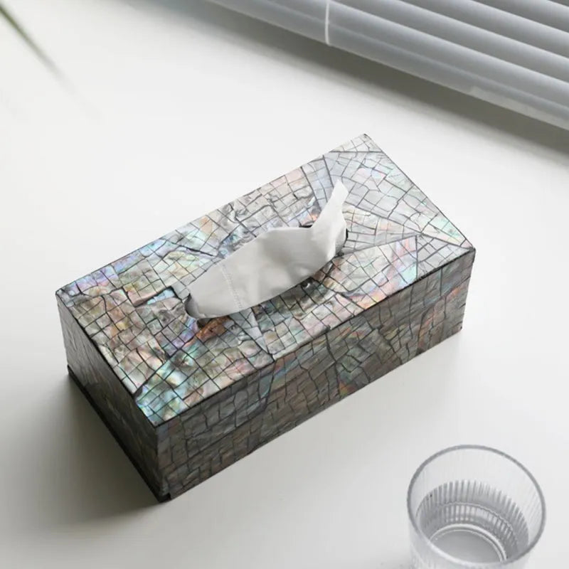 Modern black shell tissue box organiser with removable storage compartments on coffee table