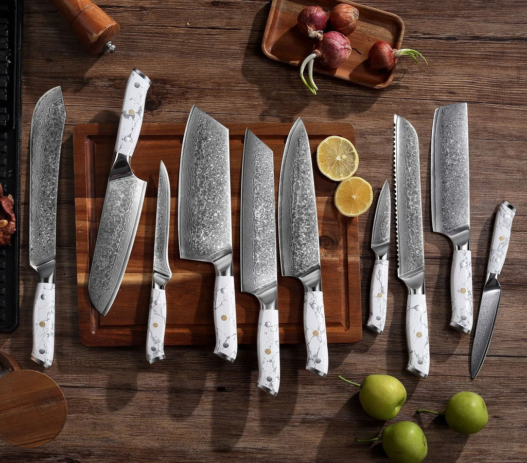Damascus pattern chef's knife with 21cm VG10 steel blade and 11cm handle showing Japanese knife construction
