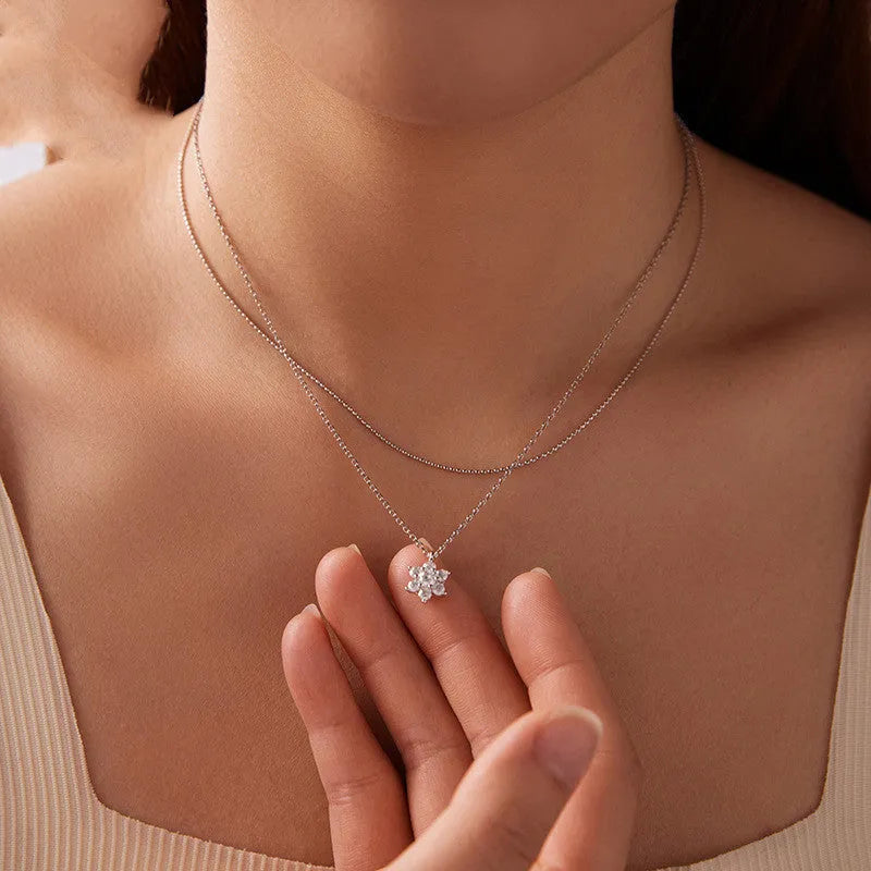 Original winter snowflake double layer moissanite necklace in 925 silver with adjustable O-shaped chain