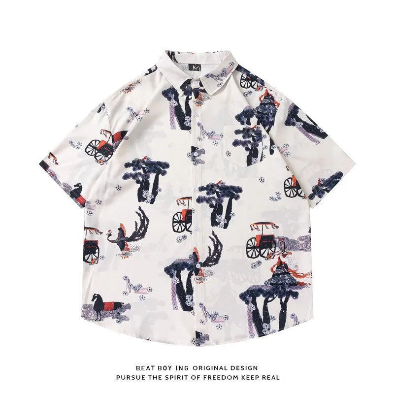 Full printed short sleeve shirt with floral pattern in loose cardigan style