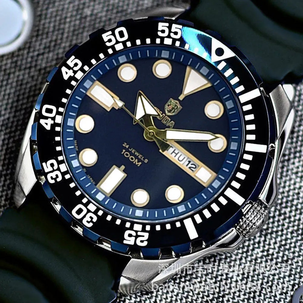 Waterproof men's sports watch with luminous quartz movement showing blue dial and steel strap option