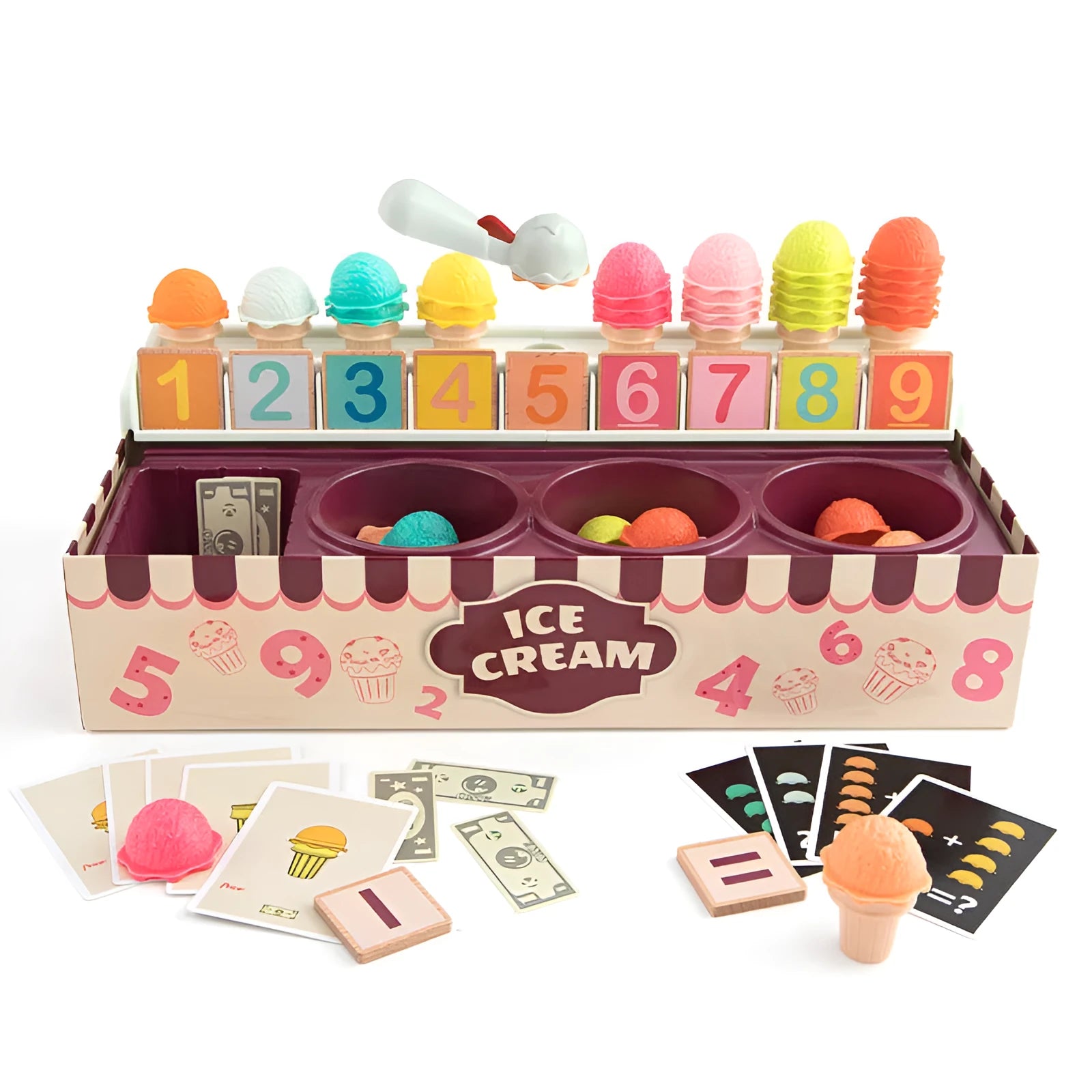 Ice cream math kitchen toy set with colourful wooden sign and plastic machine for children role play