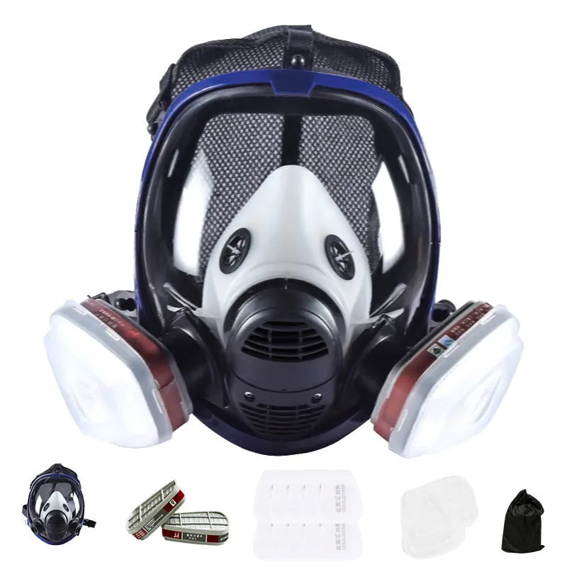 Blue edge spherical full mask with trapezoidal canister showing KN95 and activated carbon protection