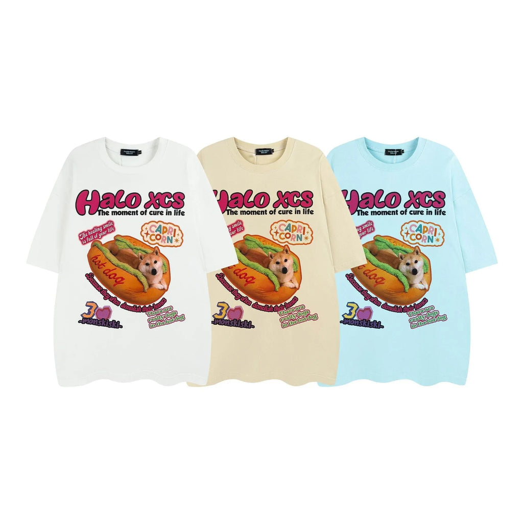 Cartoon hamburger dog printed cotton T-shirt in loose fit with round neck collar