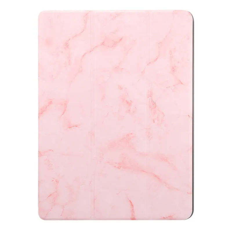 Tri-fold imitation leather iPad case with marbling pattern and integrated Apple Pencil slot.