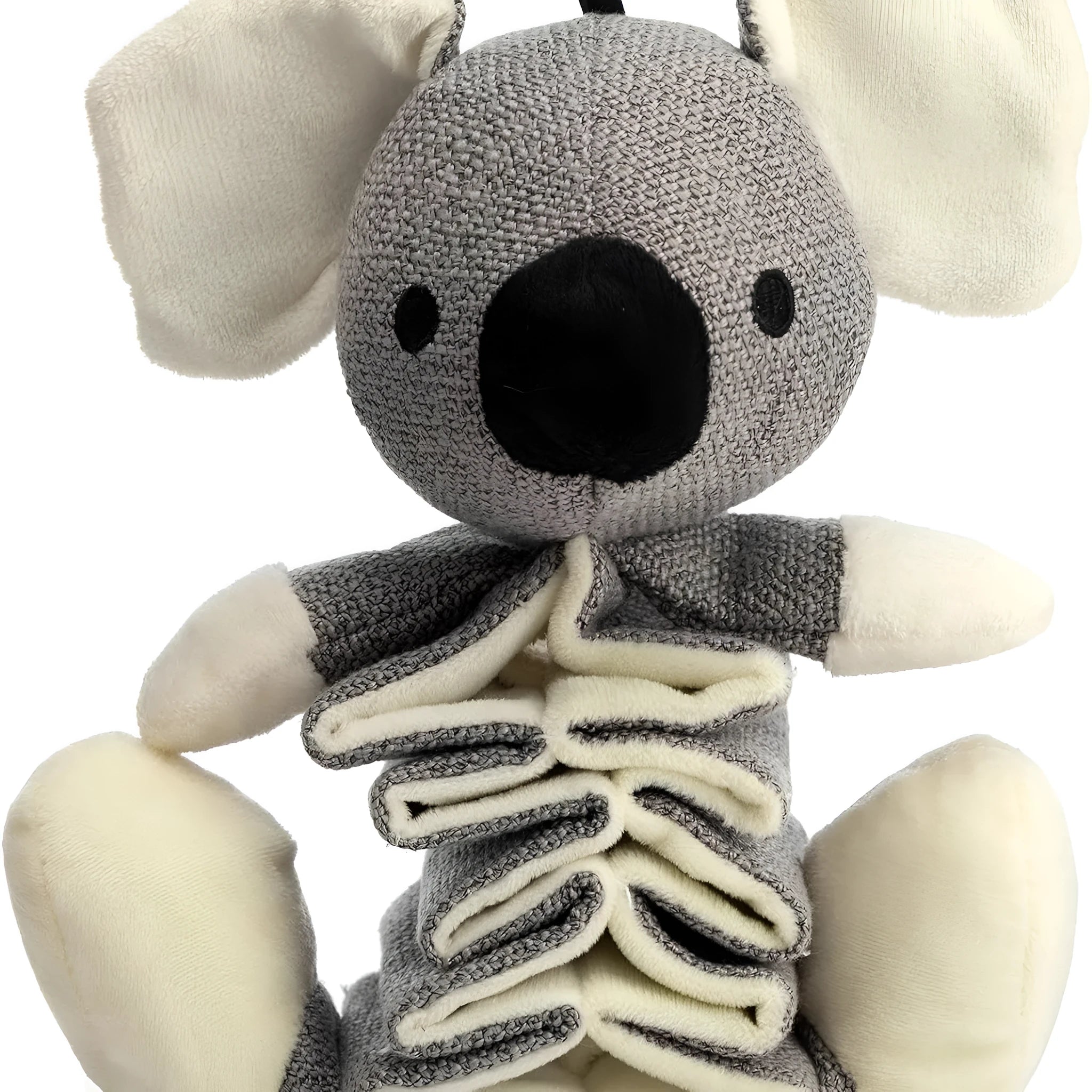 Grey koala plush dog toy measuring 30cm with visible stitching and plush limbs.