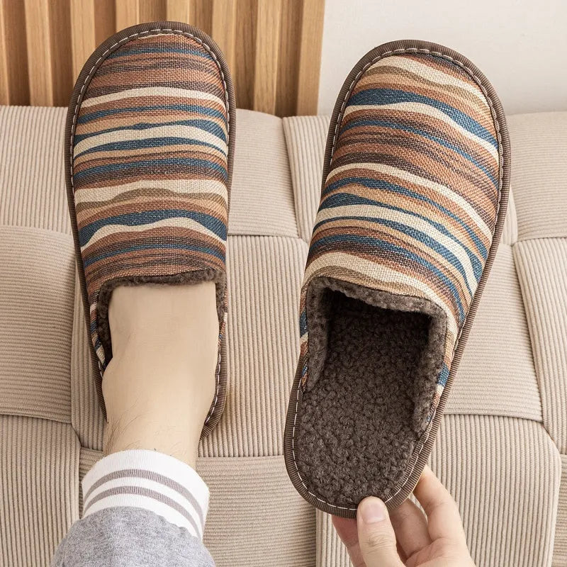 Winter cotton slippers with linen surface, PVC sole, available in floral colours and precise centimetre sizes