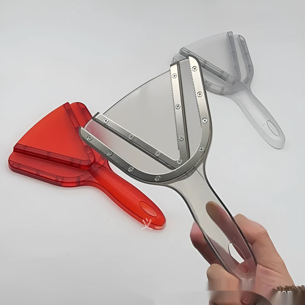 Red adjustable telescopic can opener and bottle opener made of ABS plastic on a plain background.