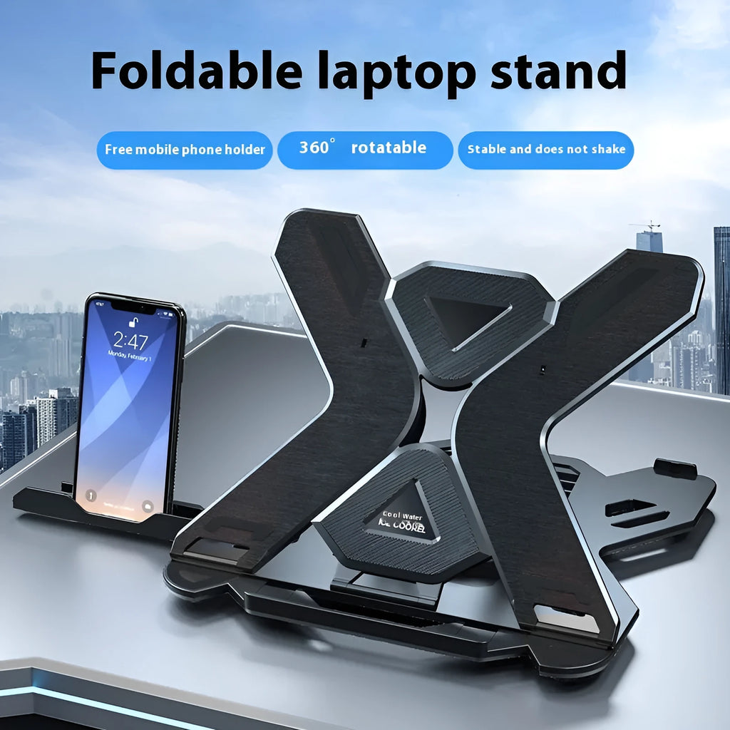 Black ABS plastic laptop bracket with adjustable tilt angle on wooden desk