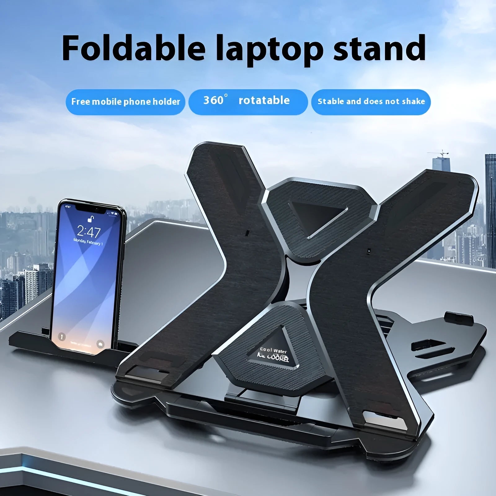 Black ABS plastic laptop bracket with adjustable tilt angle on wooden desk