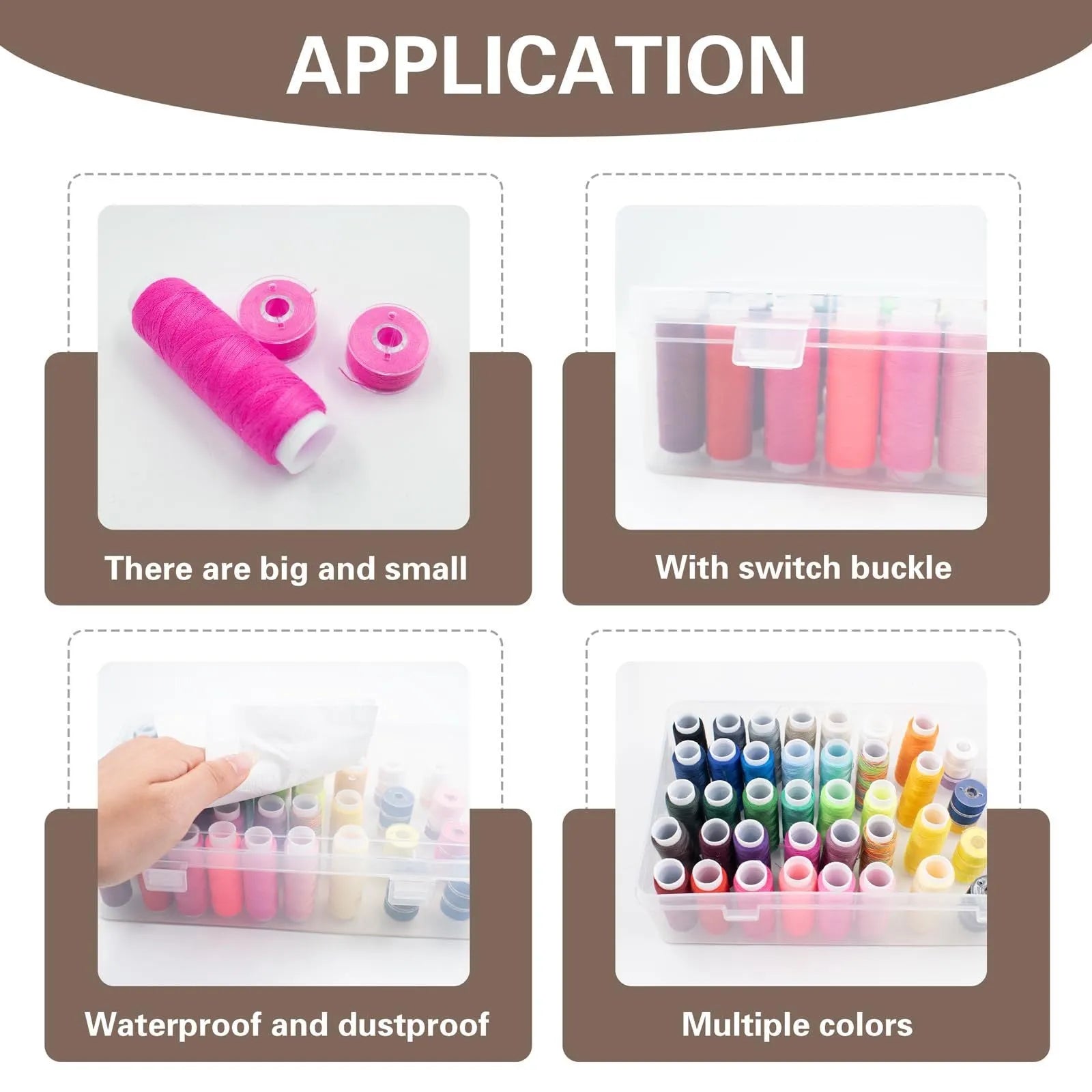 Transparent plastic storage box with 42 compartments for embroidery threads and sewing supplies