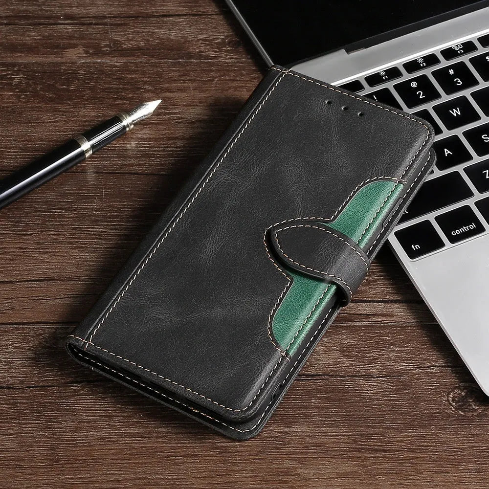 Flip phone case with card holder and bracket for iPhone in black, showing back panel with card slot and side bracket