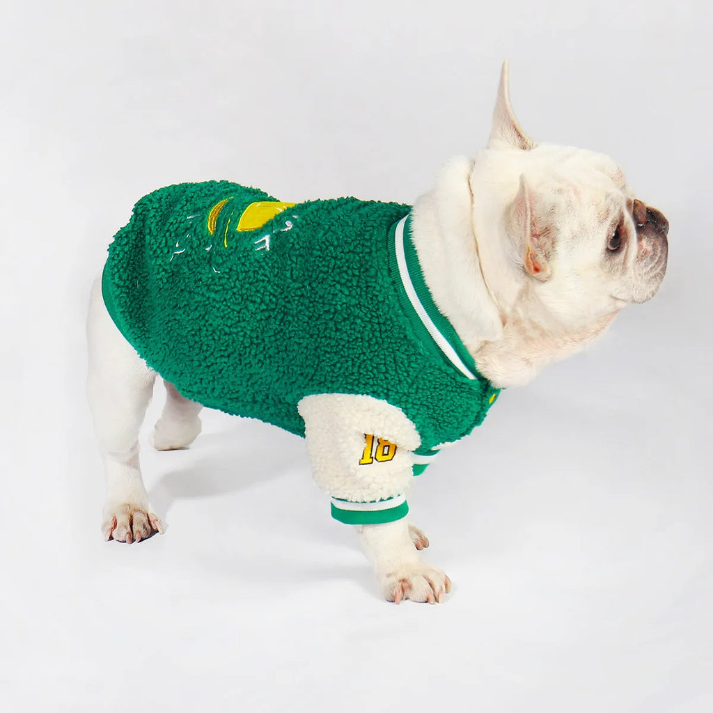 Green fleece-lined dog jumper coat for winter warmth in large to extra-extra-large sizes