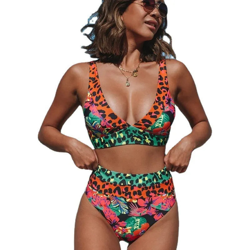Women's floral print high-waist bikini set for swimming in polyester fabric.