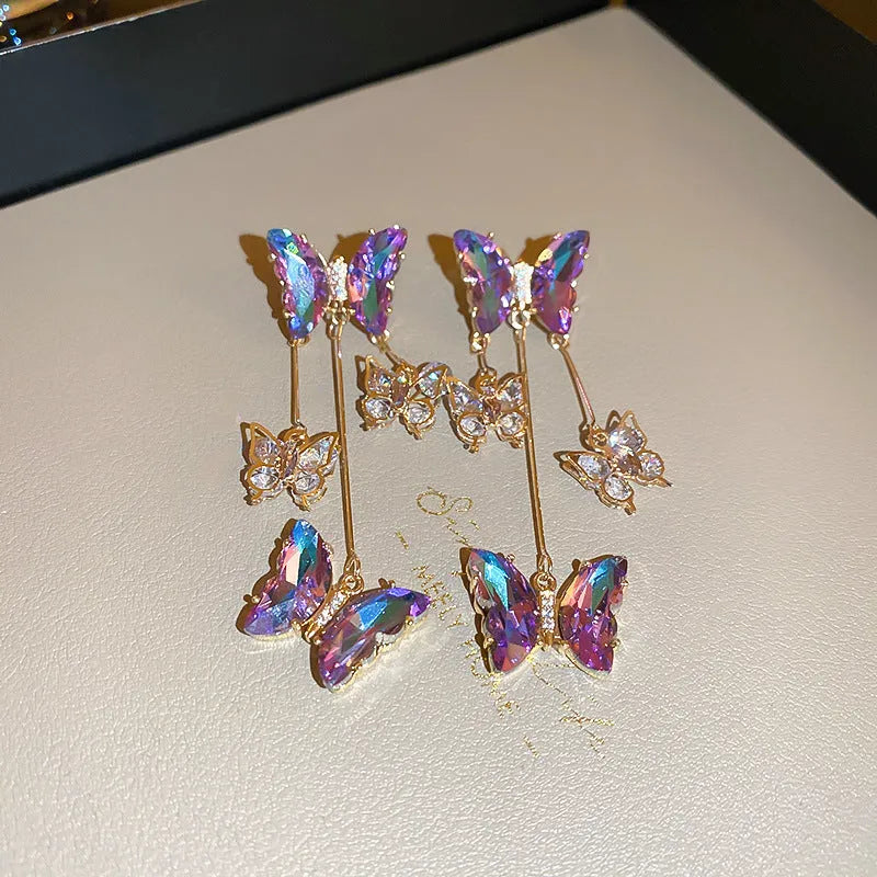 Silver needle blue purple butterfly tassel earrings with crystal flowers on alloy electroplated drop earrings