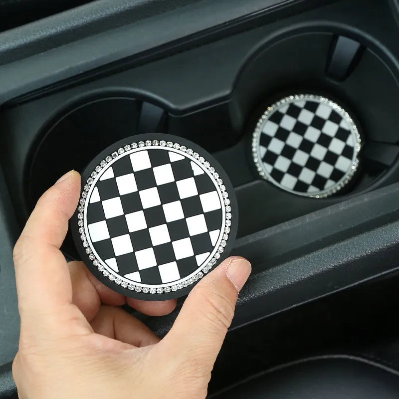 PVC plastic car cup mat coaster in black and white checkerboard pattern for car cupholder