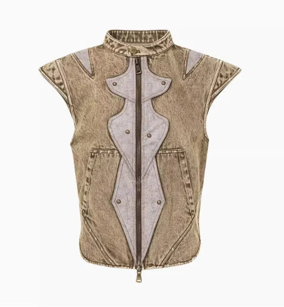 Summer Dark Knight pleated vest in cotton denim fabric, picture colour, front view
