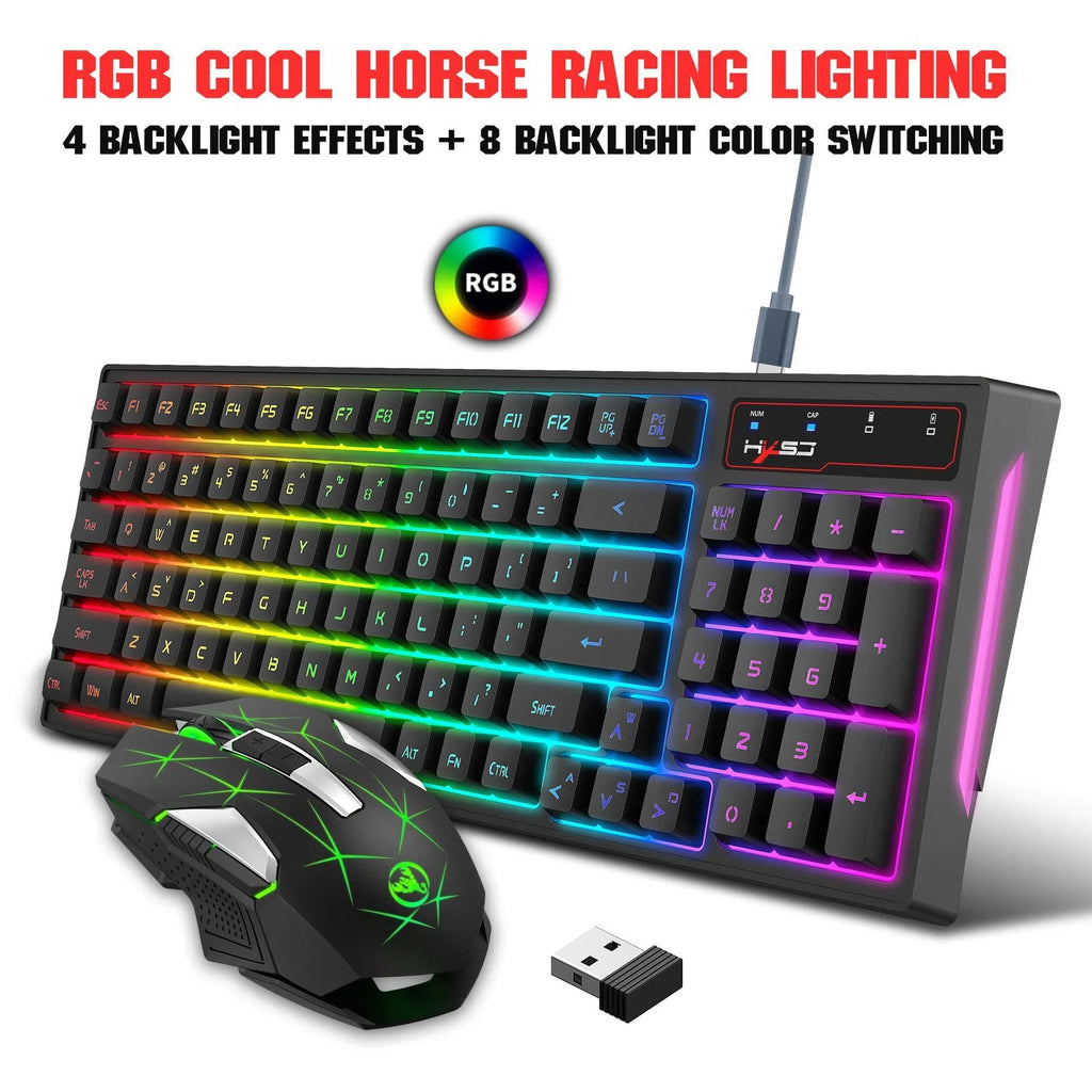 L99 wireless rechargeable 2.4G keyboard and mouse set with RGB glow, 96 ABS keys and Type-C charging cable