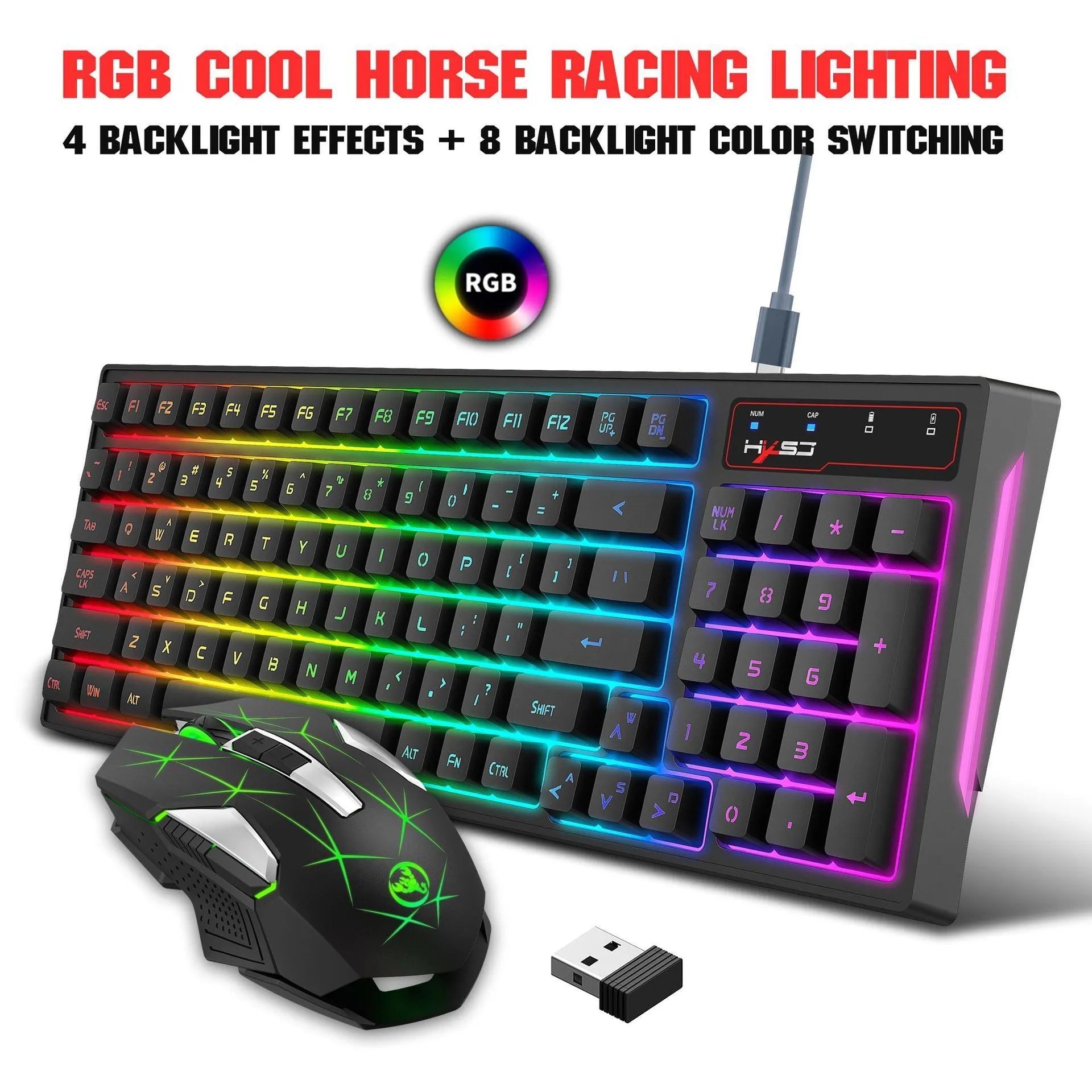 L99 wireless rechargeable 2.4G keyboard and mouse set with RGB glow, 96 ABS keys and Type-C charging cable