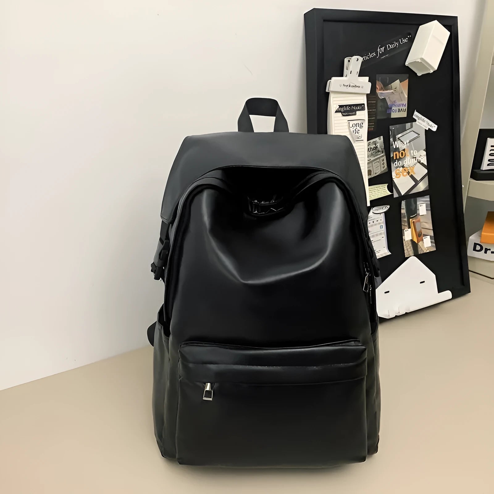 Travel Out large capacity PU leather backpack in black with air pillow belt and sewing thread design, 33x16x46cm