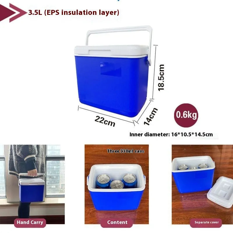 Blue portable insulated cooler box with aluminium foil layer, shown with capacity options from 3.5L to 38L.