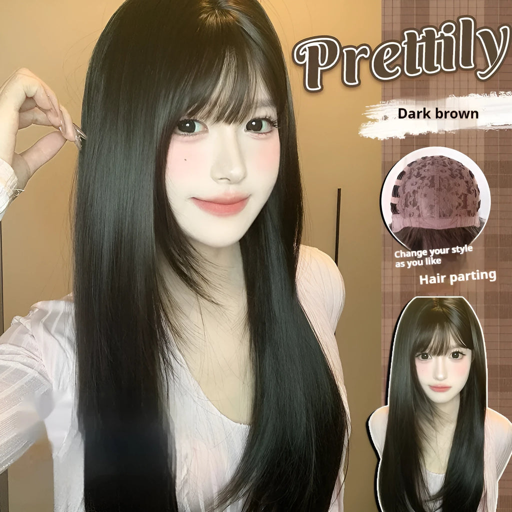 Dark brown long straight women's wig with bangs on wig head