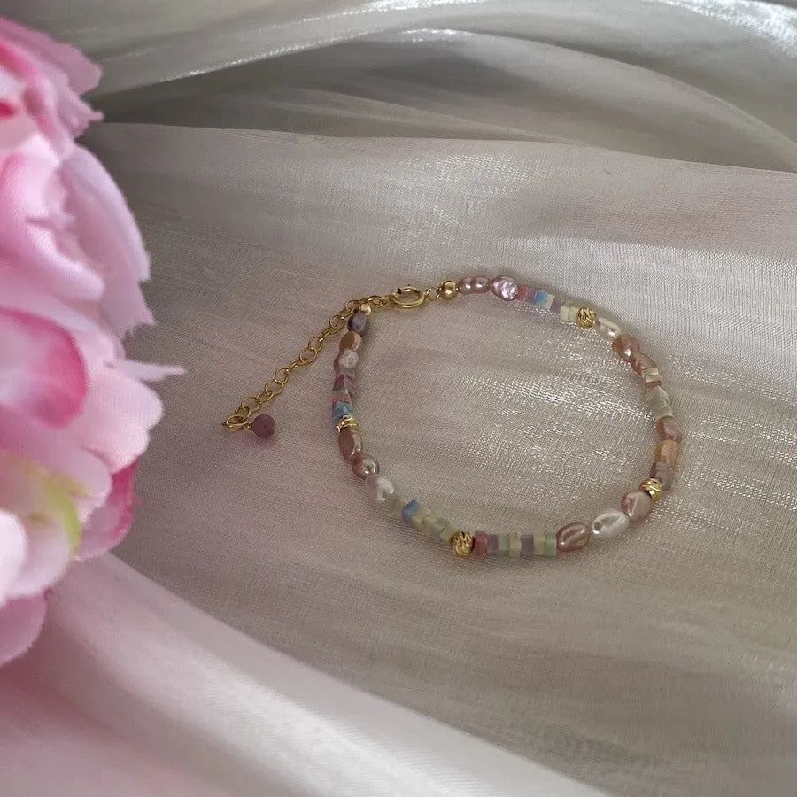 Purple pearl bracelet and matching necklace set with irregular freshwater pearls on gold gilded silver
