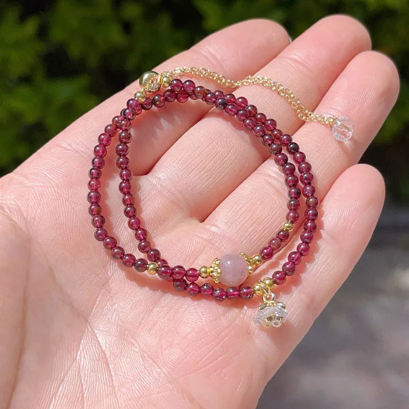 Natural garnet double ring bracelet on women's wrist, manual craft, H311 colour