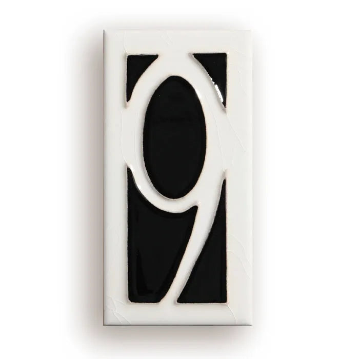 Handmade retro enamel ceramic doorplate showing a number on a glossy surface