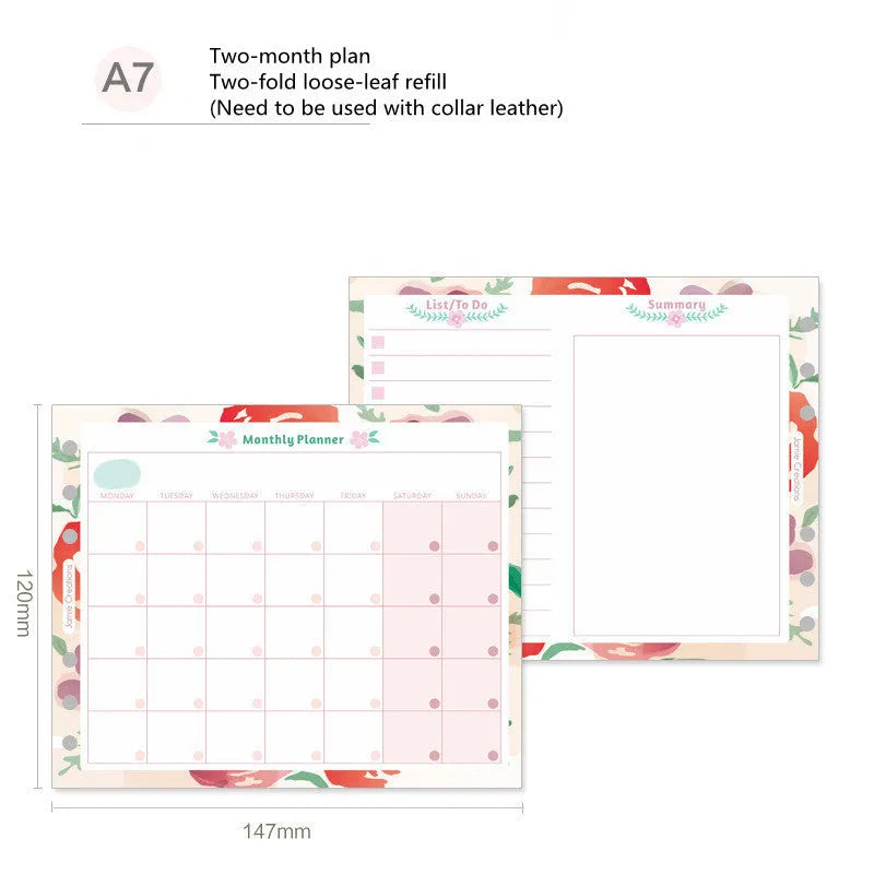 Loose-leaf refill paper sheets showing floral monthly planner and tri-fold schedule layouts in A7, A6, and A5 sizes.