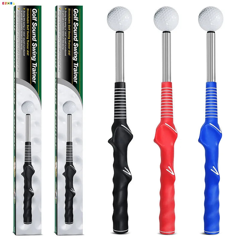 Telescopic golf swing trainer with stainless steel construction in black, blue, or red colours