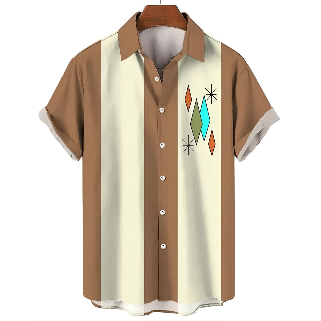 Men's striped Hawaiian shirt with button front and short sleeves in stretch elastic fabric