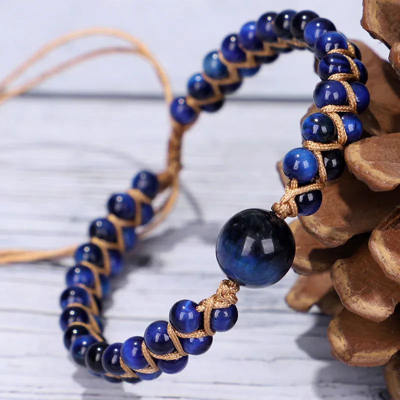 Handmade woven geometric pull bracelet with adjustable cord in blue tigereye or amethyst stone beads