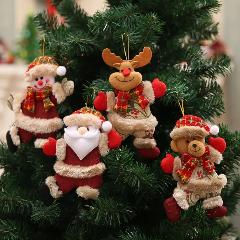 Set of four Christmas tree ornaments Santa snowman reindeer and bear figures with red white scarves golden balls red bows