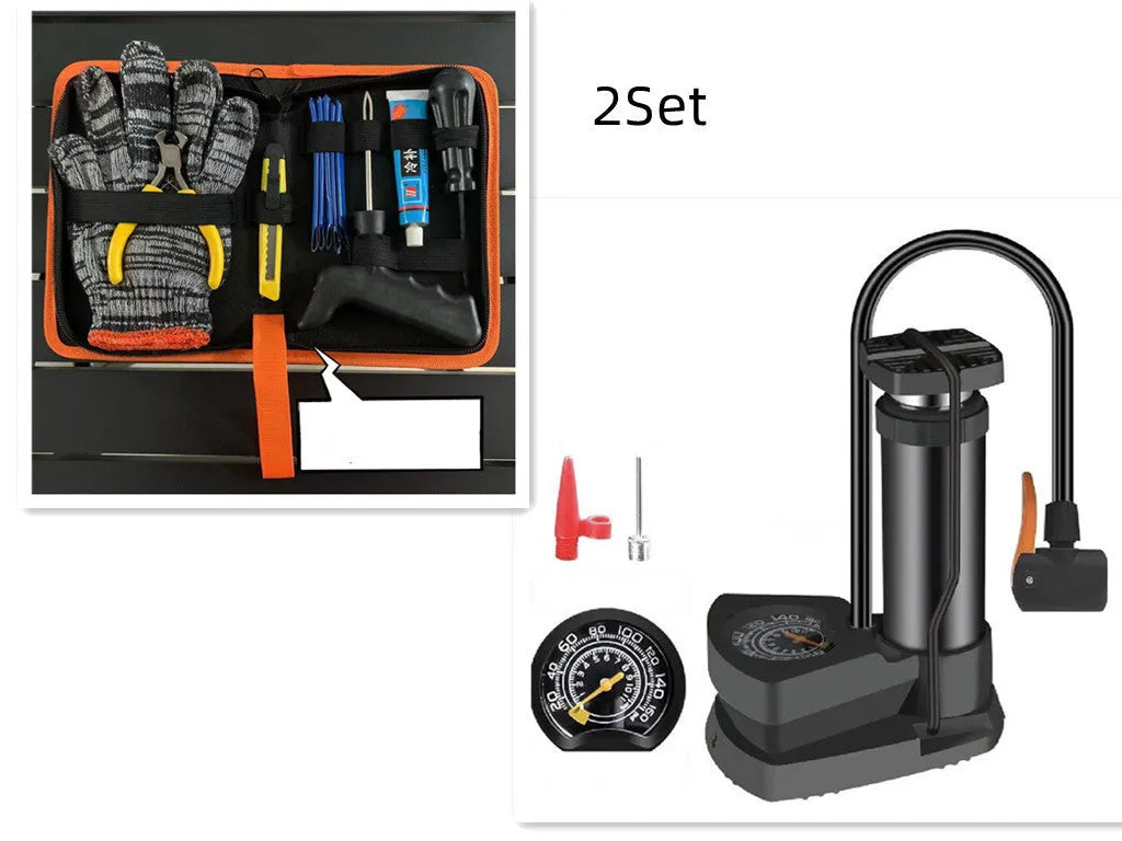 Motorcycle travel tire repair kit including rubber strips, glue, spiral cone, and air hose for vacuum tyre puncture repair up to 6mm