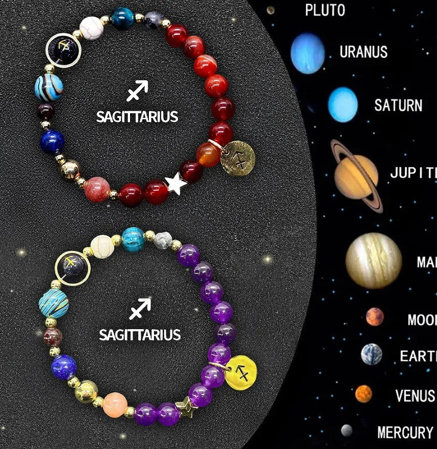 Natural stone beaded zodiac bracelet set with metal charm pendants showing astrological symbols