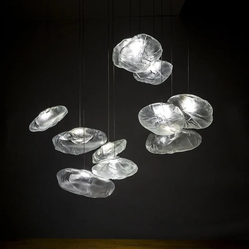 Modern glass decorative chandelier with LED lighting in amber, clear or smoke grey colours