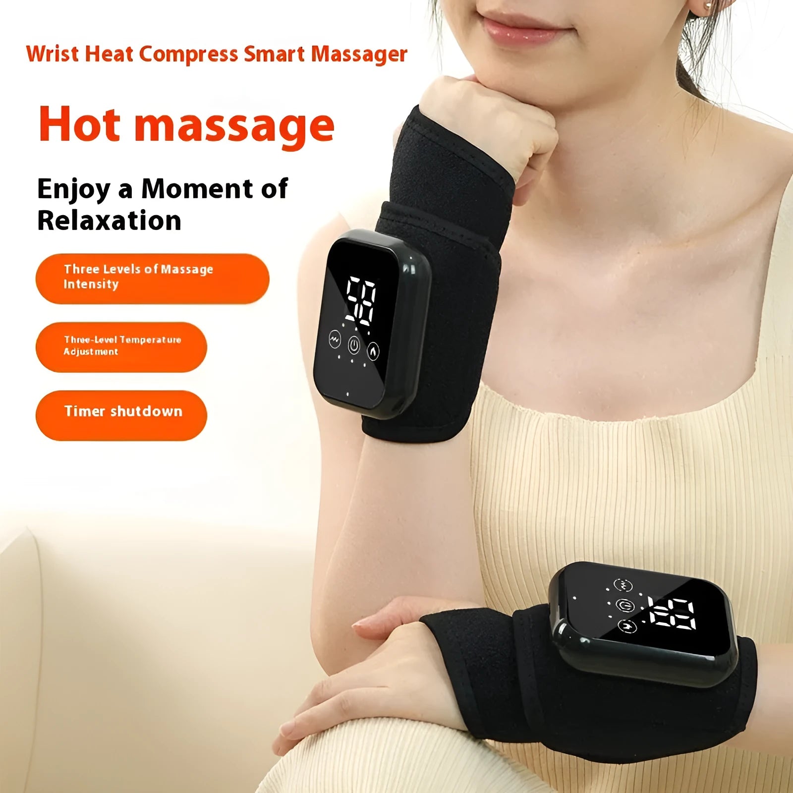 Black electric heating ankle sleeve showing 8W power specification