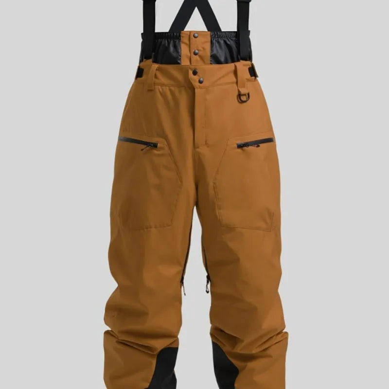 Men's black waterproof ski trousers with thickened straps and flame-retardant linen fabric.