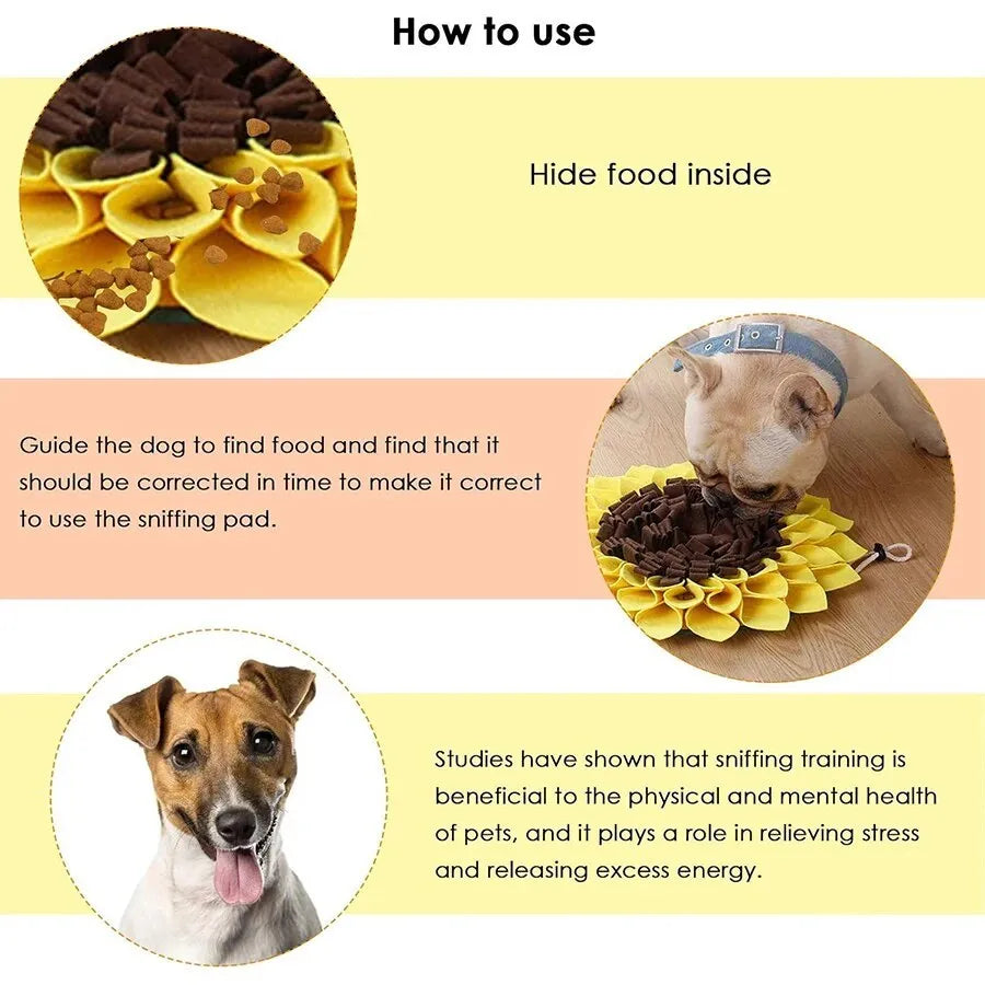 Yellow sunflower-shaped dog snuffle mat with fleece texture and a hanging rope buckle.